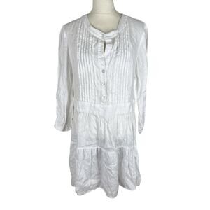 Finley 100% Linen White Mini Dress Long Sleeve Pleated V-Neck Button Size Large